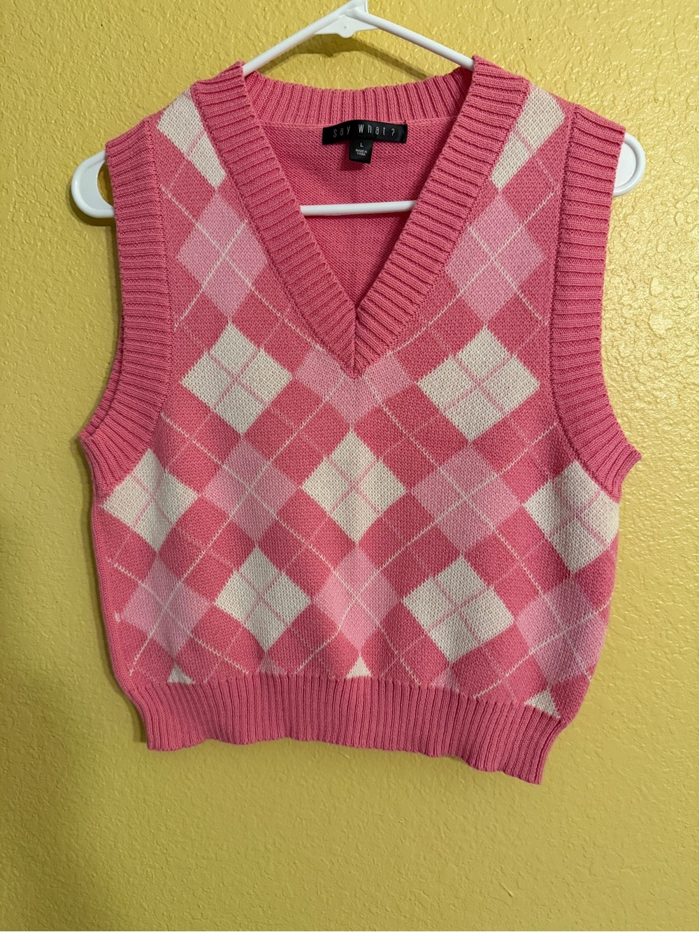 Say What? Pink and Cream Argyle V-Neck Sweater Vest